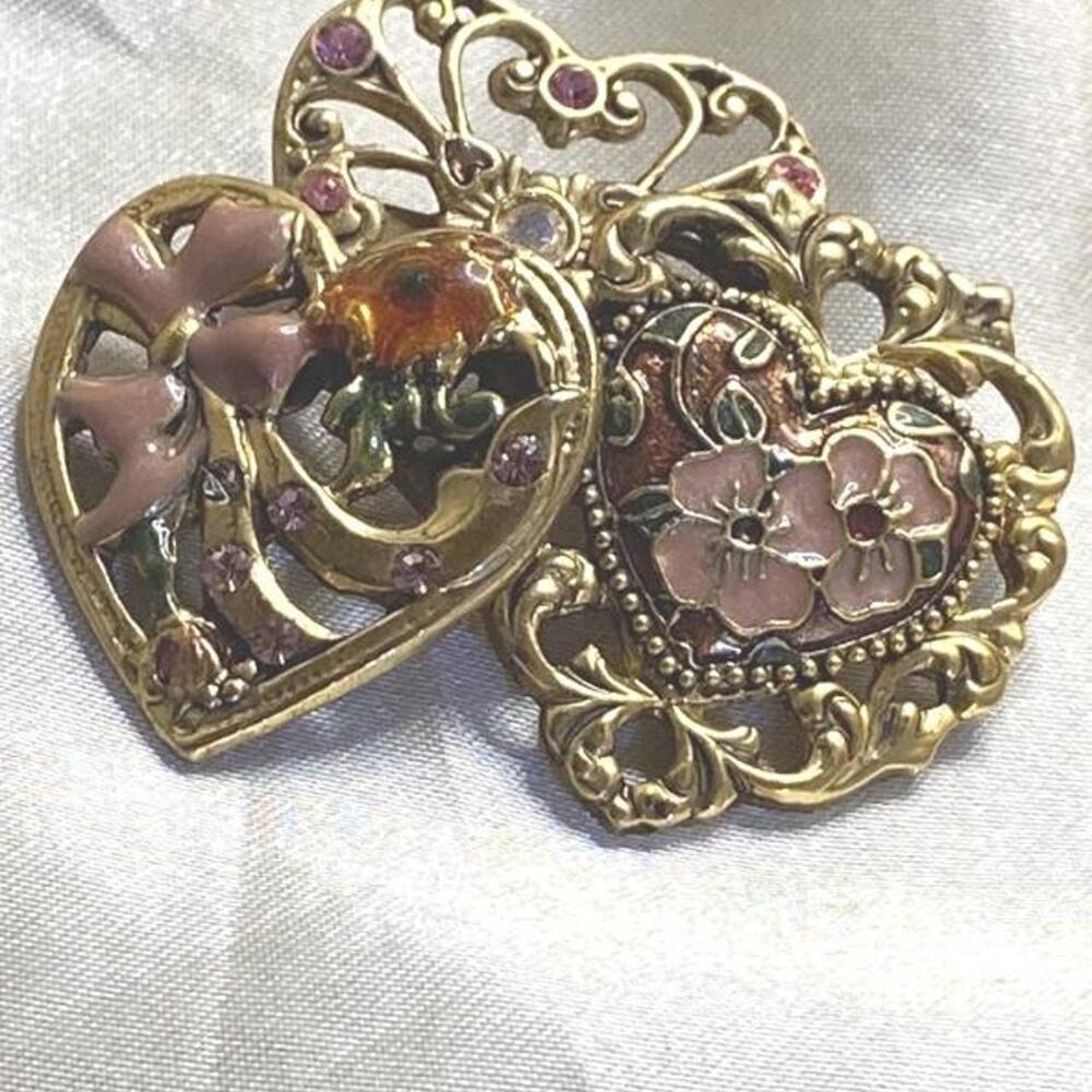 Vintage Kenneth Cole KC Triple Heart Brooch Pink Enamel Rhinestone Floral Pin